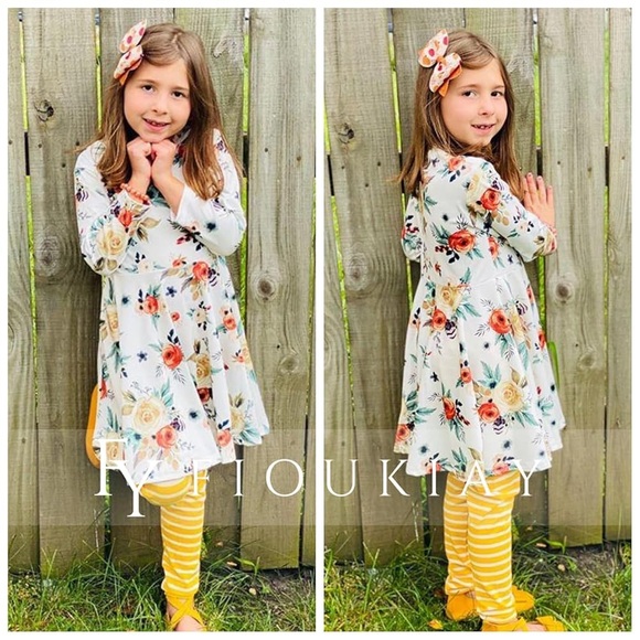 NWOT fioukiay Girls Fall and Winter Long Sleeve Floral Dress and Striped Legging - Picture 3 of 6
